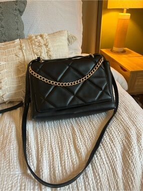 A New Day Quilted Black Shoulder Bag with Gold Chain Accent